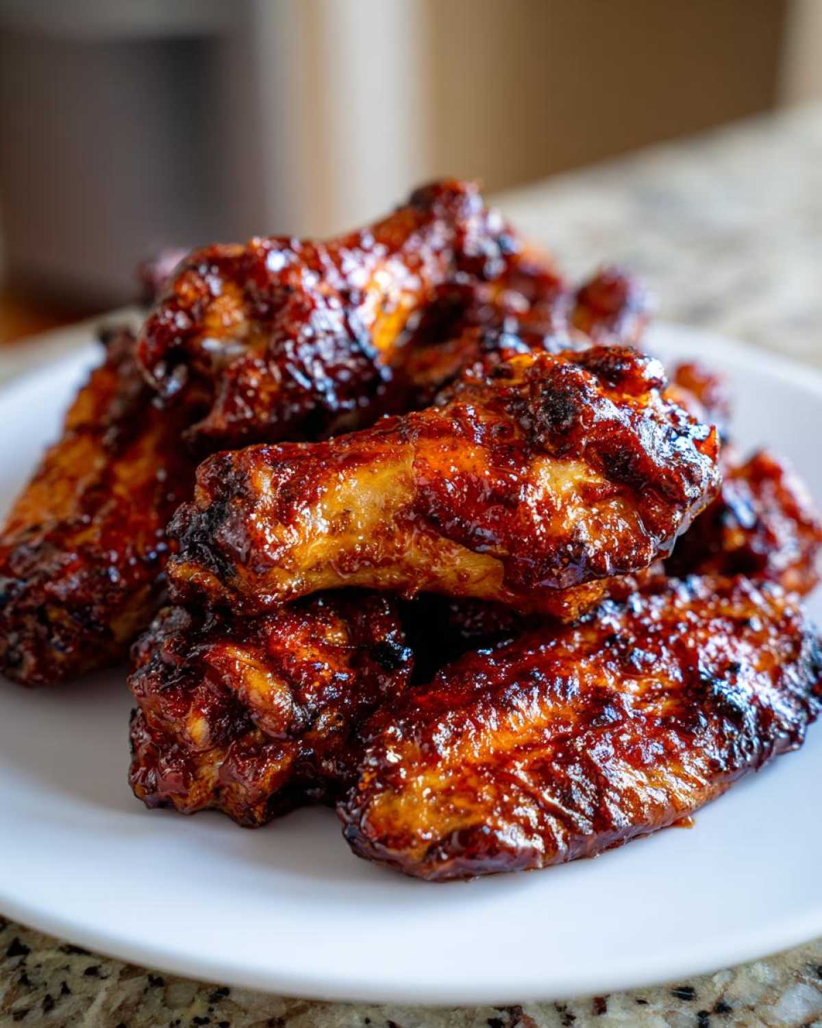 A close-up of several glossy, caramelized Sticky BBQ Chicken Wings piled on a white plate.