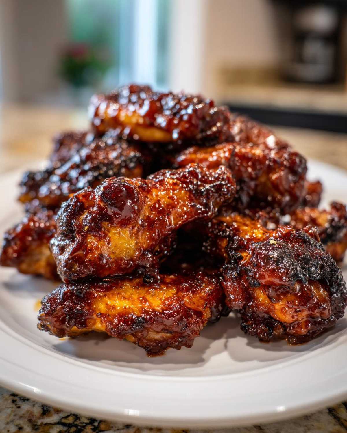 A pile of glossy, dark, Sticky BBQ Chicken Wings with Honey Glaze stacked on a white plate.