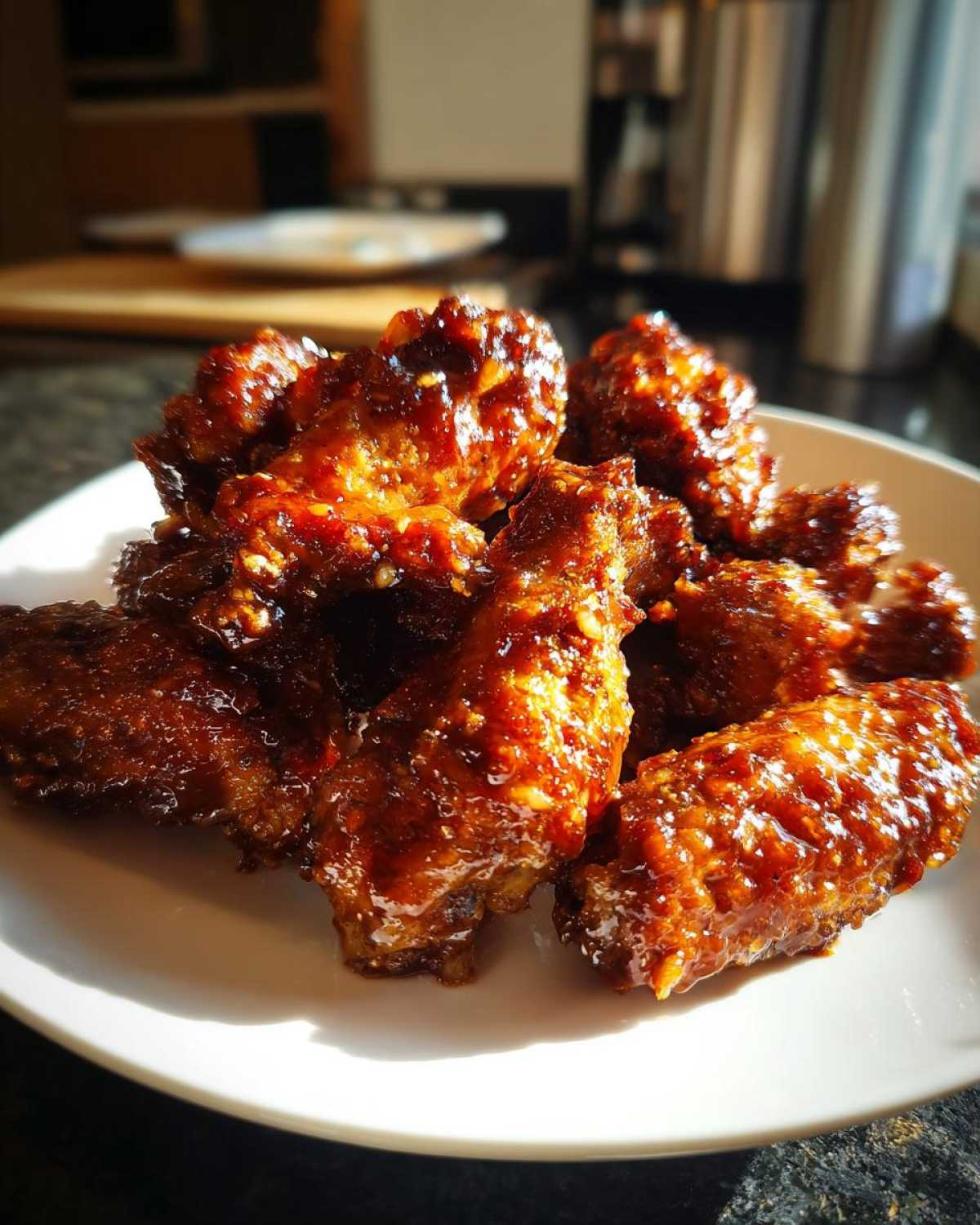 Close-up of crispy Honey Sriracha Chicken Wings coated in a thick, glossy sauce, piled on a white plate.