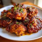 Close-up of several Sticky Orange Chicken Thighs coated in a glossy orange glaze, garnished with sesame seeds and chopped green onions.