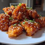 A plate piled high with crispy Sticky Orange Chicken Thighs, glazed with a shiny sauce and topped with sesame seeds and green onions.