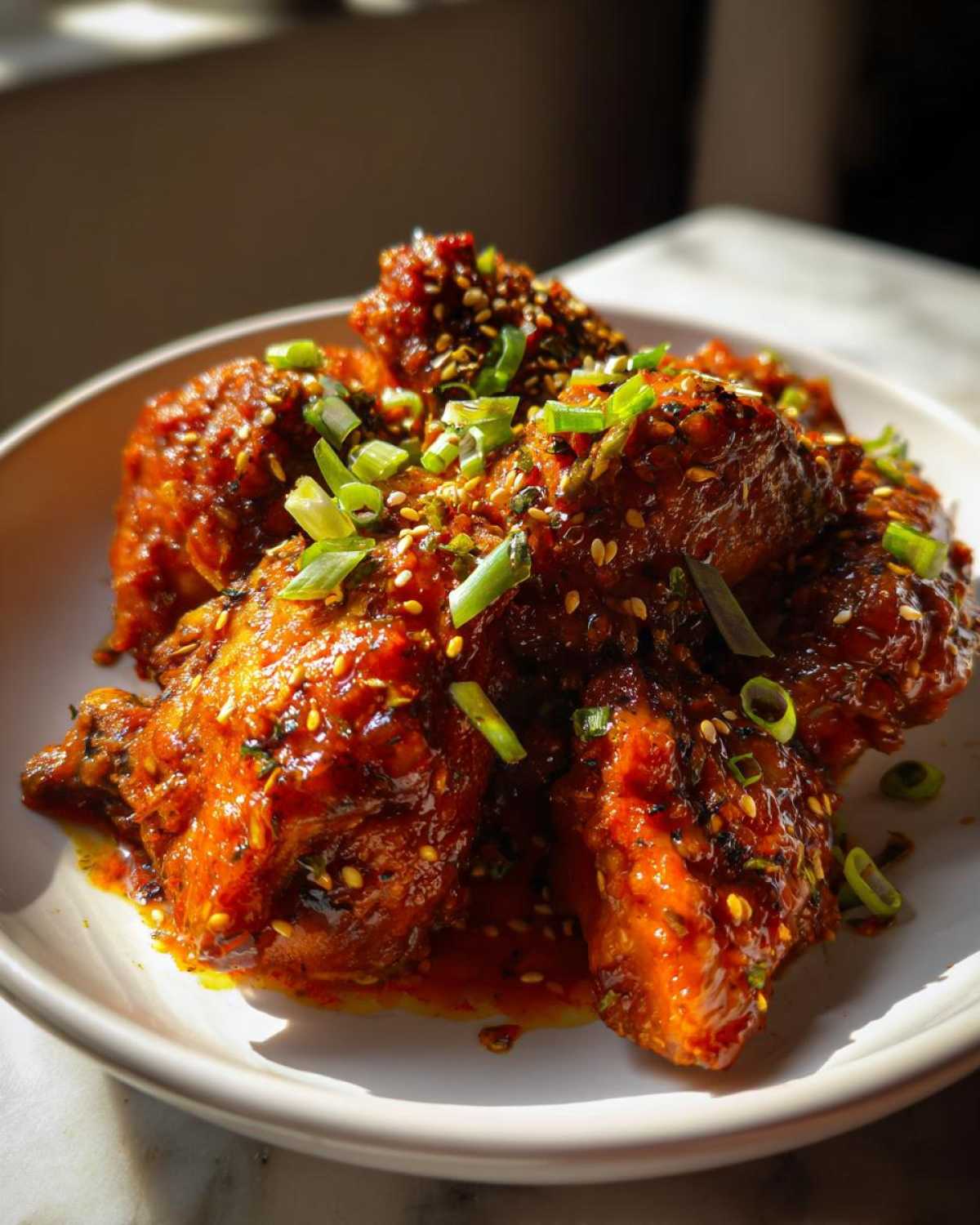 Close-up of perfectly glazed Sticky Orange Chicken Thighs, garnished with sesame seeds and sliced green onions.