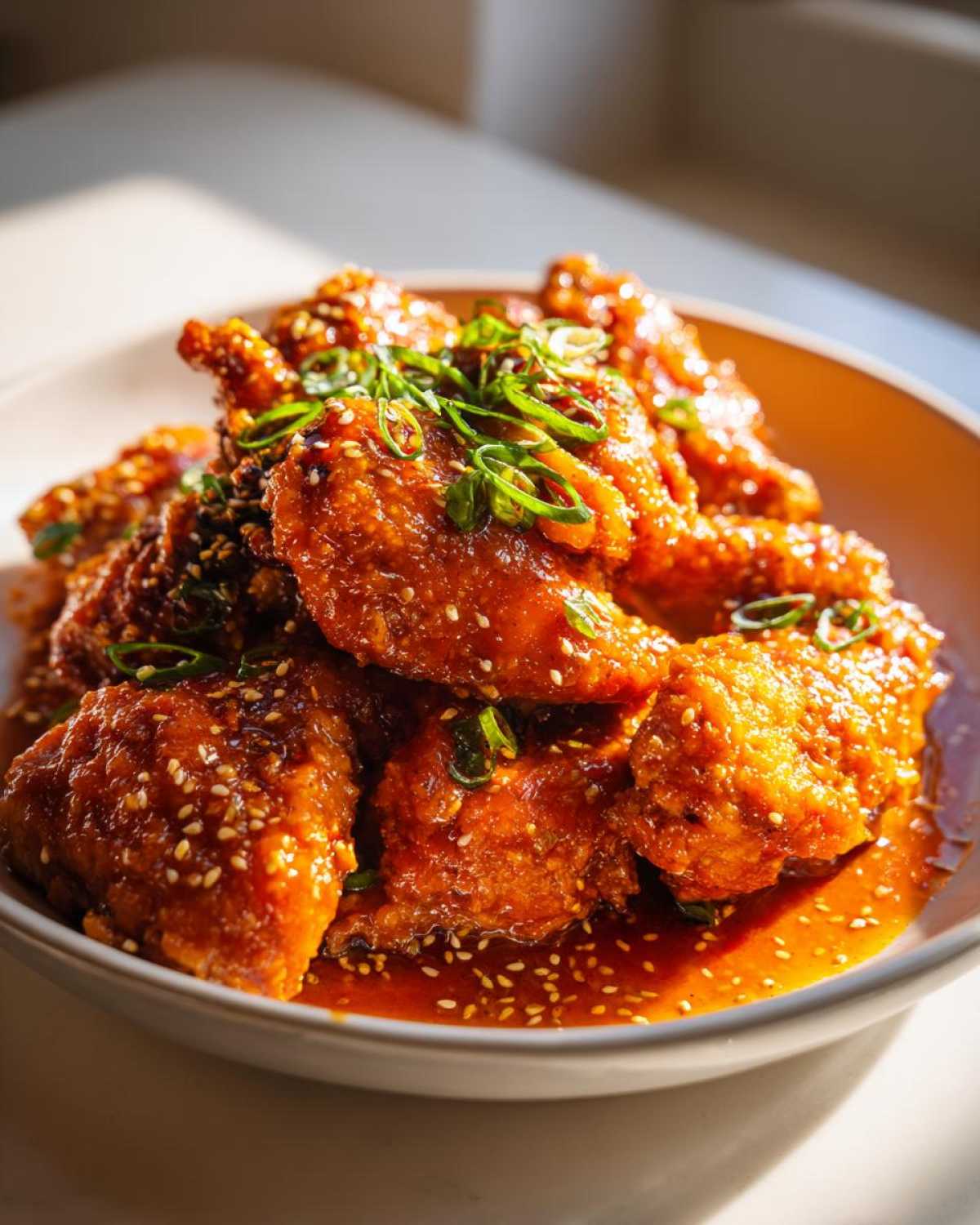A close-up of crispy Sticky Orange Chicken Thighs coated in a glossy sauce, garnished with sesame seeds and sliced green onions.