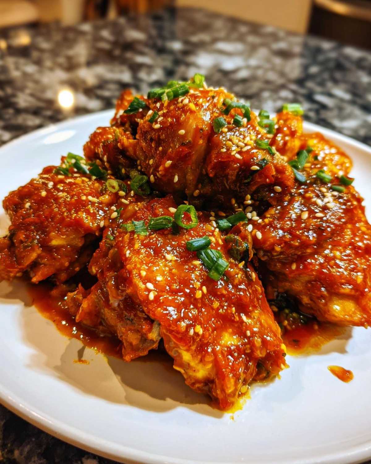 Close-up of Sticky Orange Chicken Thighs coated in a glossy, dark orange sauce, sprinkled with sesame seeds and green onions.