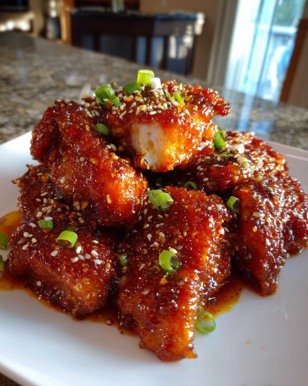 A plate piled high with glistening Sticky Orange Chicken Thighs, coated in a thick sauce and topped with sesame seeds and green onions.