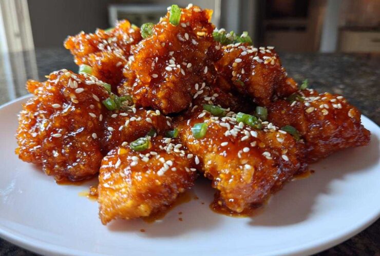 A plate piled high with crispy Sticky Orange Chicken Thighs, glazed with a shiny sauce and topped with sesame seeds and green onions.
