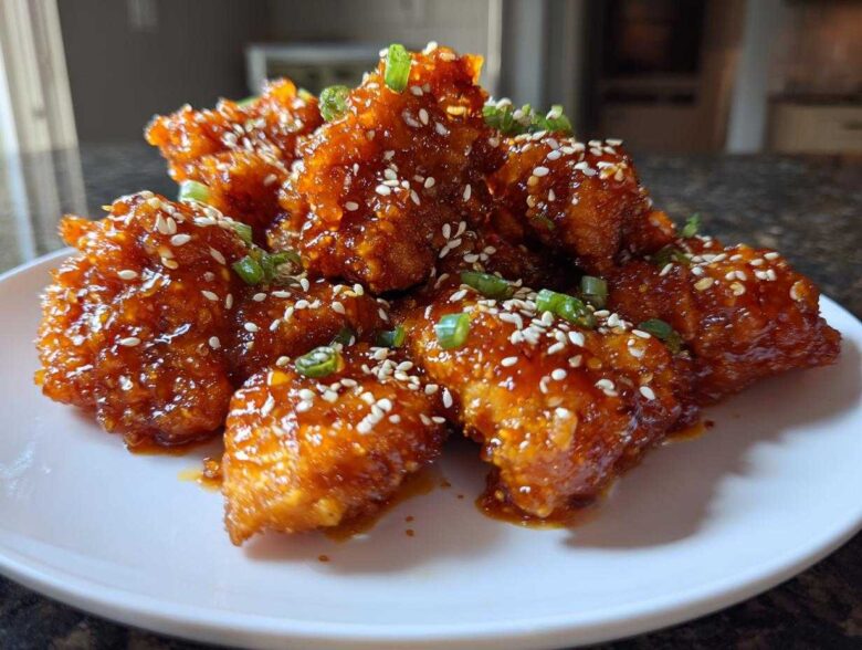A plate piled high with crispy Sticky Orange Chicken Thighs, glazed with a shiny sauce and topped with sesame seeds and green onions.