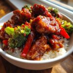 Close-up of a Sticky Sweet Chili Chicken Bowl with rice, bright green broccoli florets, and red peppers.