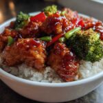 Close-up of a Sticky Sweet Chili Chicken Bowl with rice, broccoli, and red peppers coated in a glossy glaze.