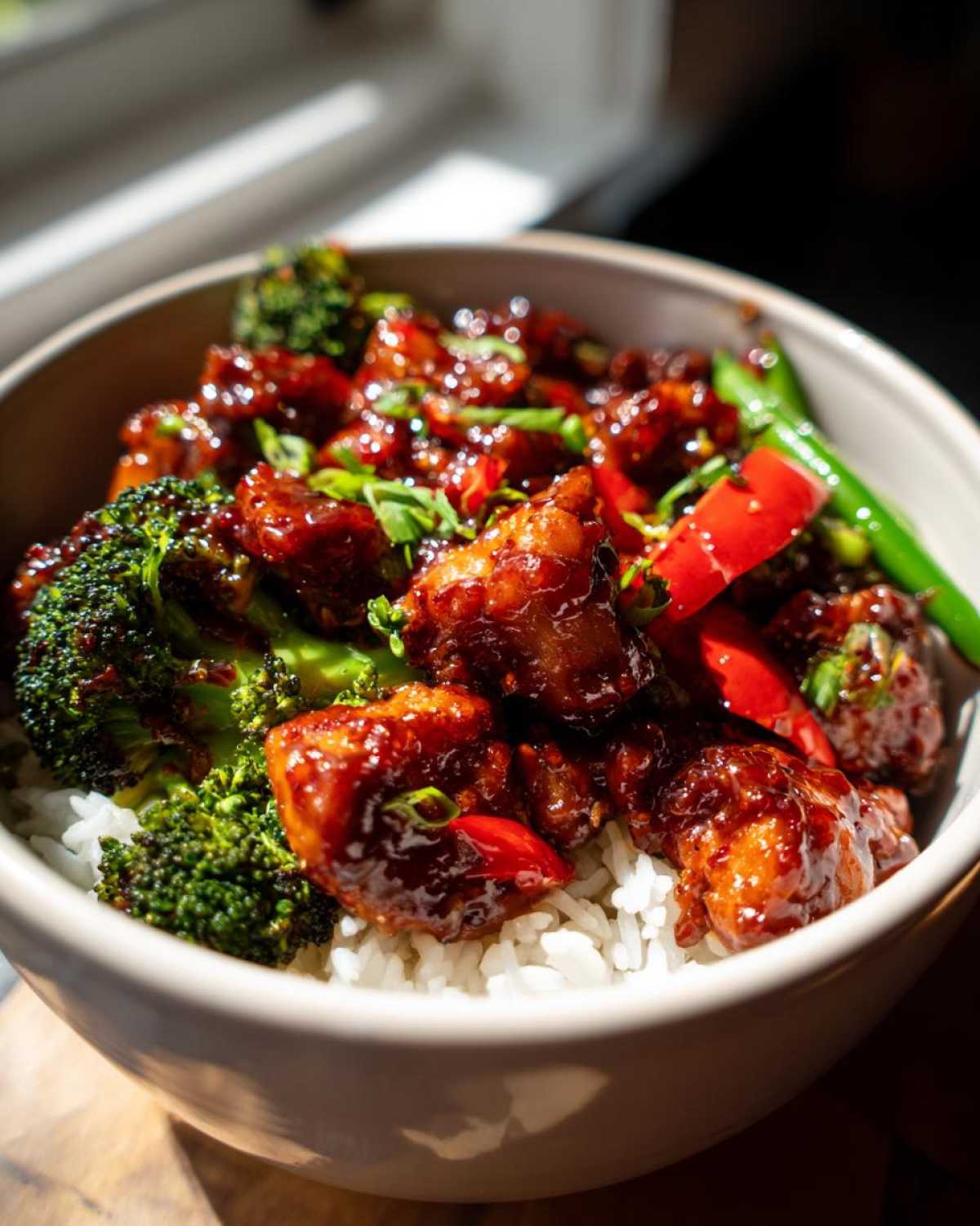 Close-up of a Sticky Sweet Chili Chicken Bowl featuring glazed chicken pieces over white rice with bright green broccoli florets.