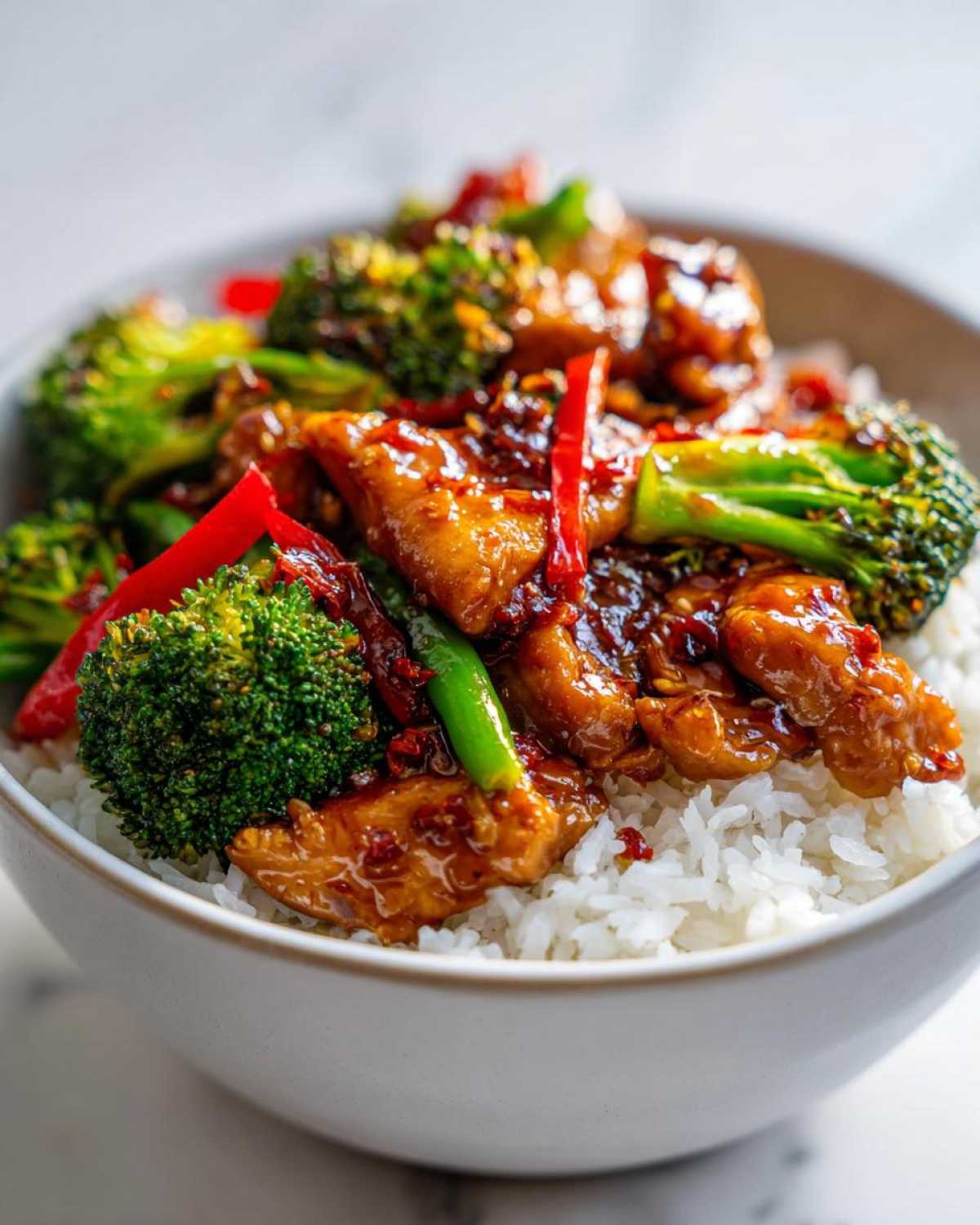 Close-up of a Sticky Sweet Chili Chicken Bowl with rice, bright green broccoli, and red peppers coated in a glossy sauce.