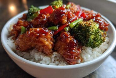 Close-up of a Sticky Sweet Chili Chicken Bowl with rice, broccoli, and red peppers coated in a glossy glaze.