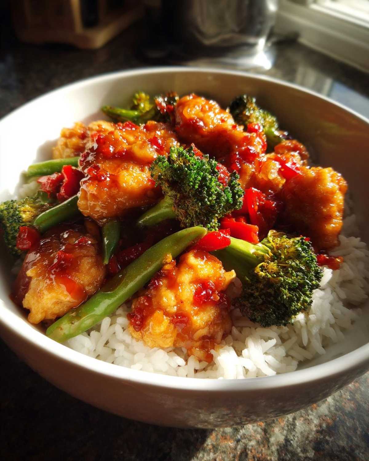 Close-up of a Sticky Sweet Chili Chicken Bowl with crispy chicken, broccoli, green beans, and rice.