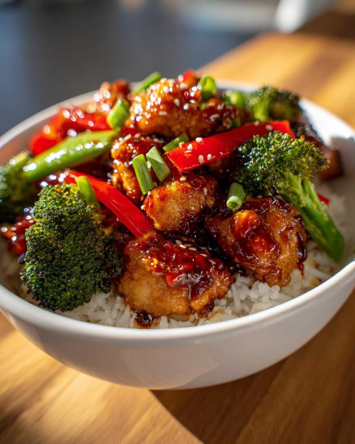 Close-up of a Sticky Sweet Chili Chicken Bowl with rice, broccoli, red peppers, and green onions.
