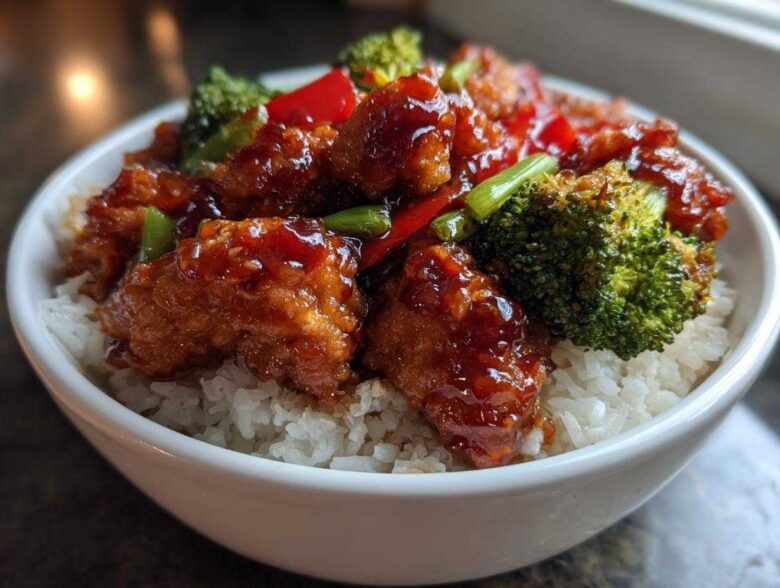 Close-up of a Sticky Sweet Chili Chicken Bowl with rice, broccoli, and red peppers coated in a glossy glaze.
