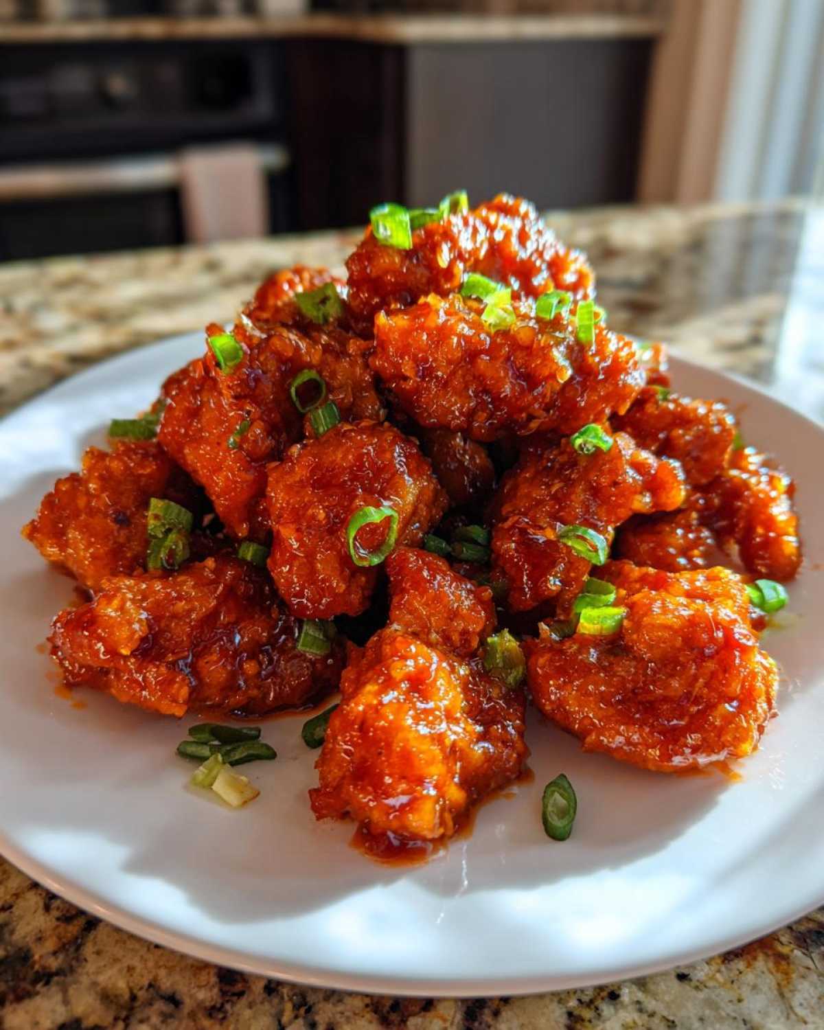 A mound of crispy, glazed Sticky Sweet Chili Chicken Easy Recipe pieces garnished with fresh green onions.