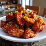 Close-up of crispy chicken pieces coated in a glossy sauce for Sticky Sweet Chili Chicken Easy Recipe.
