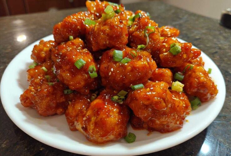 A white plate piled high with glistening Sticky Sweet Chili Chicken Easy Recipe pieces, garnished with green onions.