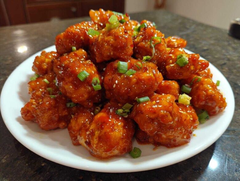A white plate piled high with glistening Sticky Sweet Chili Chicken Easy Recipe pieces, garnished with green onions.
