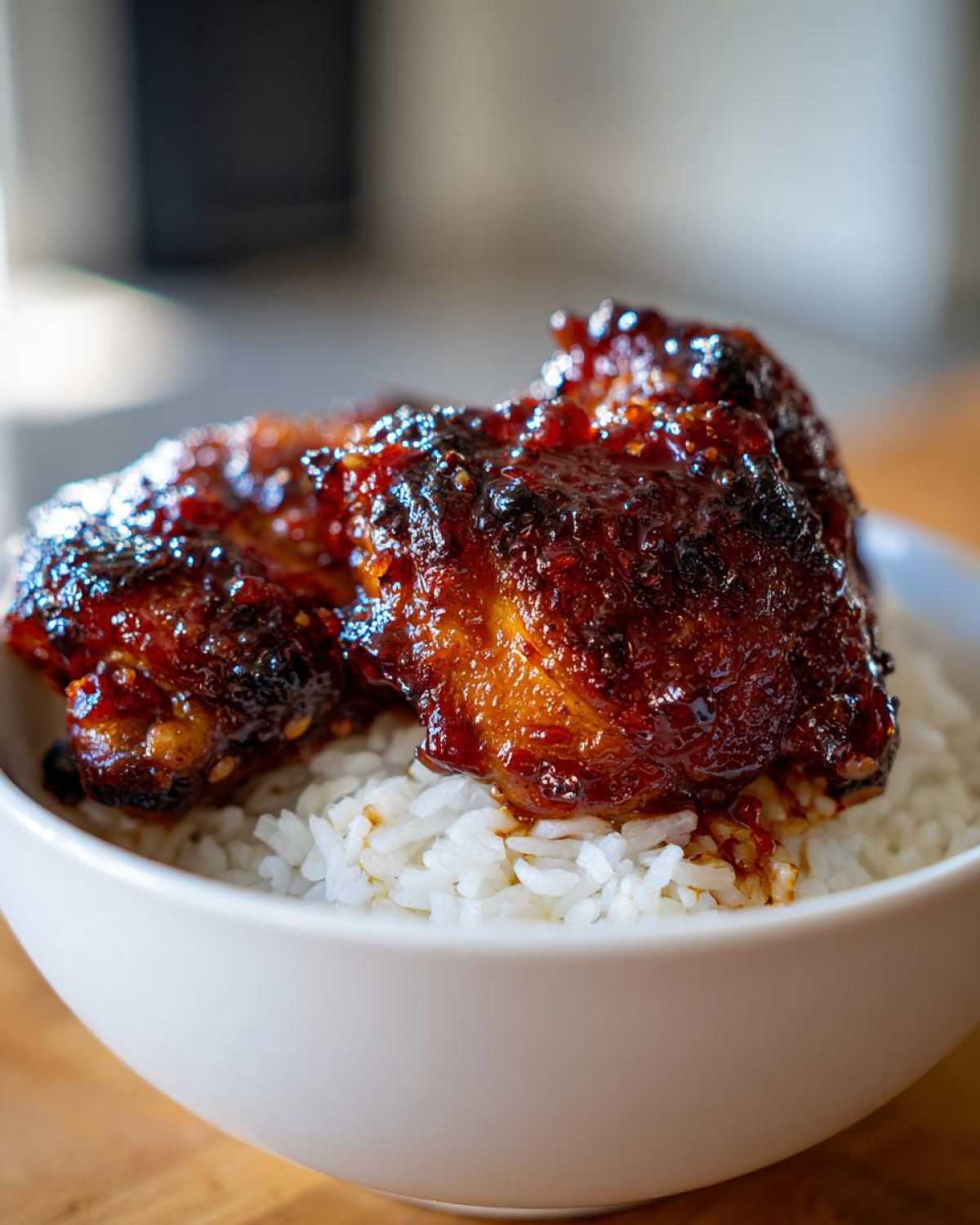 Close-up of glazed Sticky Sweet Chili Chicken Thighs resting on a bed of fluffy white rice in a white bowl.