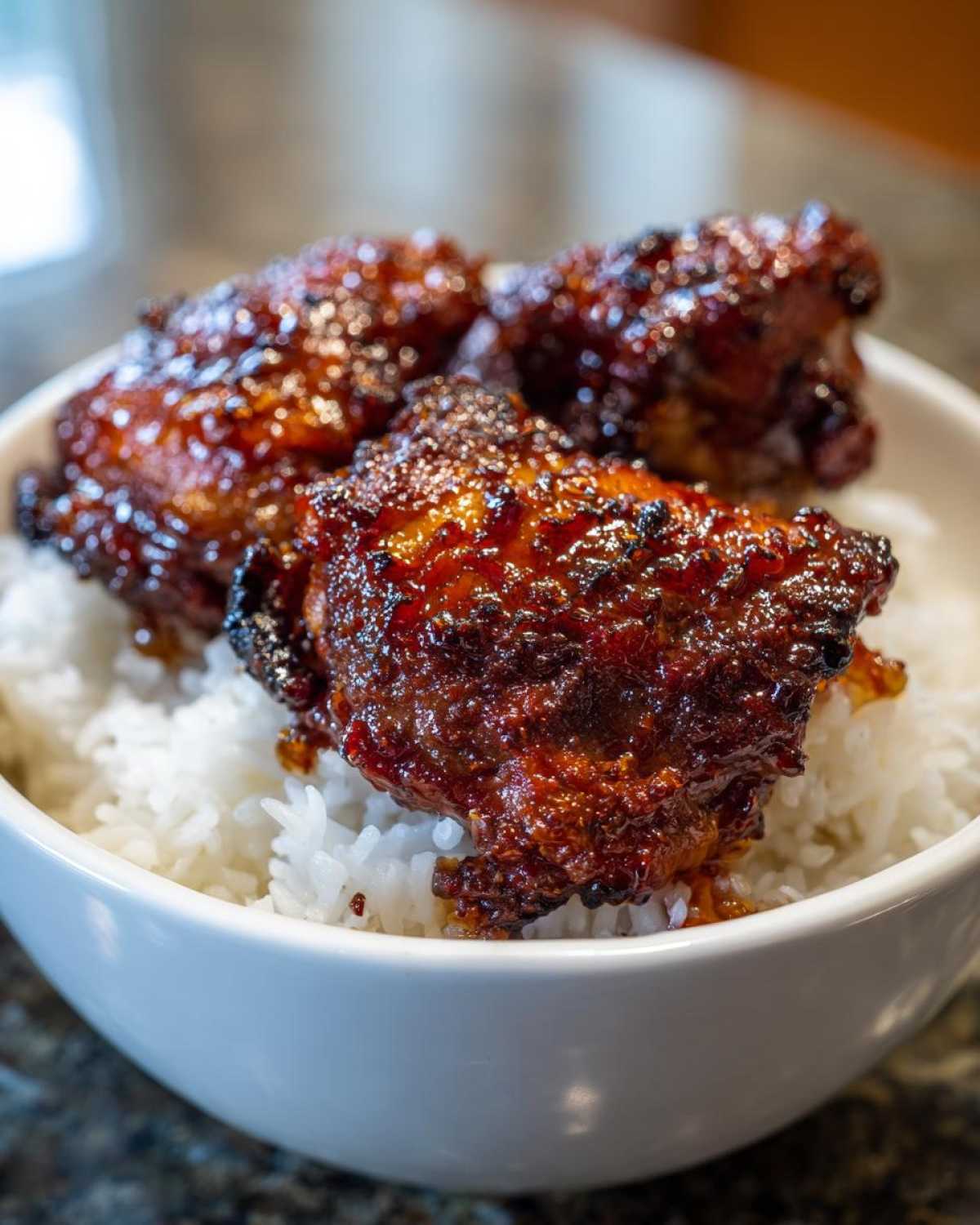 Three glazed Sticky Sweet Chili Chicken Thighs resting on a bed of fluffy white rice in a white bowl.