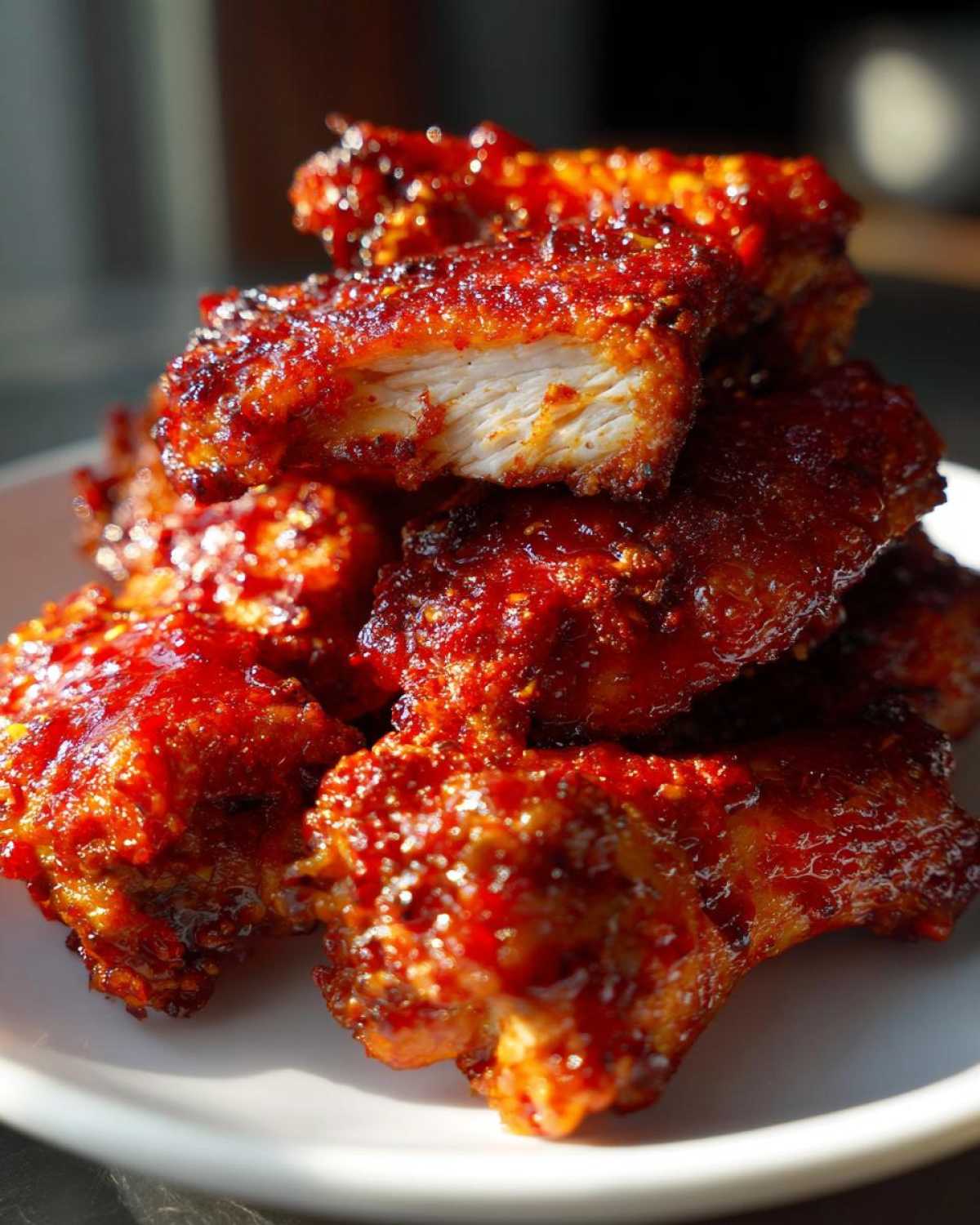 A stack of glistening Sticky Sweet Chili Chicken Wings Oven Baked, showing the thick, glossy red glaze and tender white meat inside one cut wing.