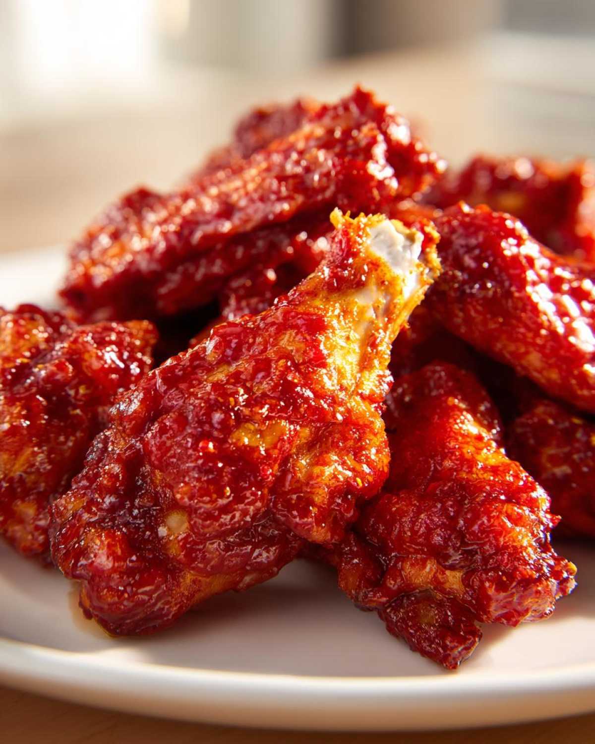 Close-up of glistening, saucy Sticky Sweet Chili Chicken Wings Oven Baked piled on a white plate.