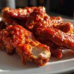 Close-up of glistening Sticky Sweet Chili Chicken Wings Oven Baked coated in a thick, shiny red sauce and sprinkled with sesame seeds.