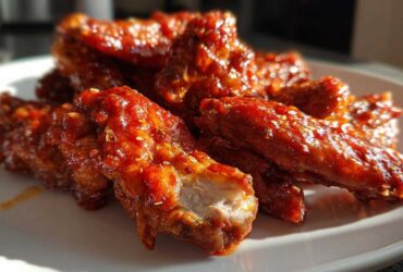 Close-up of glistening Sticky Sweet Chili Chicken Wings Oven Baked coated in a thick, shiny red sauce and sprinkled with sesame seeds.