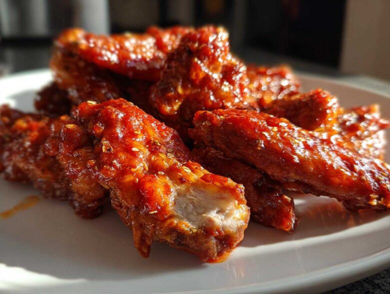 Close-up of glistening Sticky Sweet Chili Chicken Wings Oven Baked coated in a thick, shiny red sauce and sprinkled with sesame seeds.