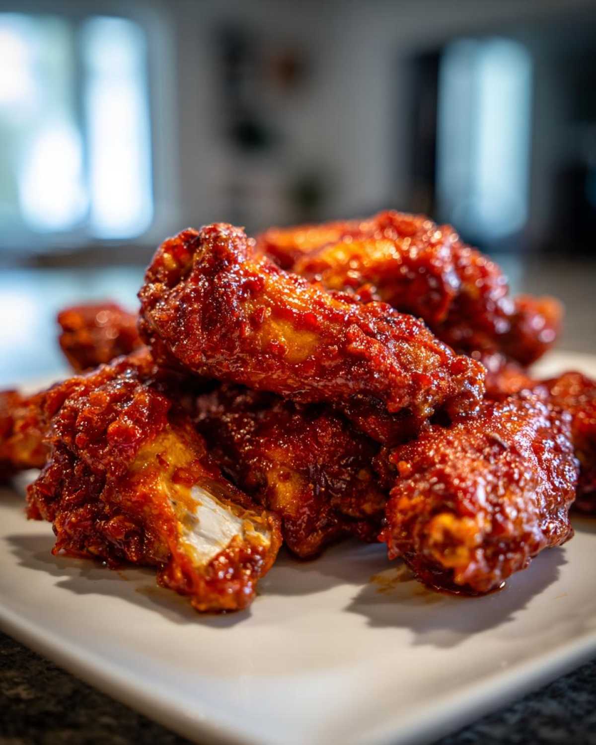 A close-up shot of a pile of glistening, saucy Sticky Sweet Chili Chicken Wings Oven Baked on a white plate.