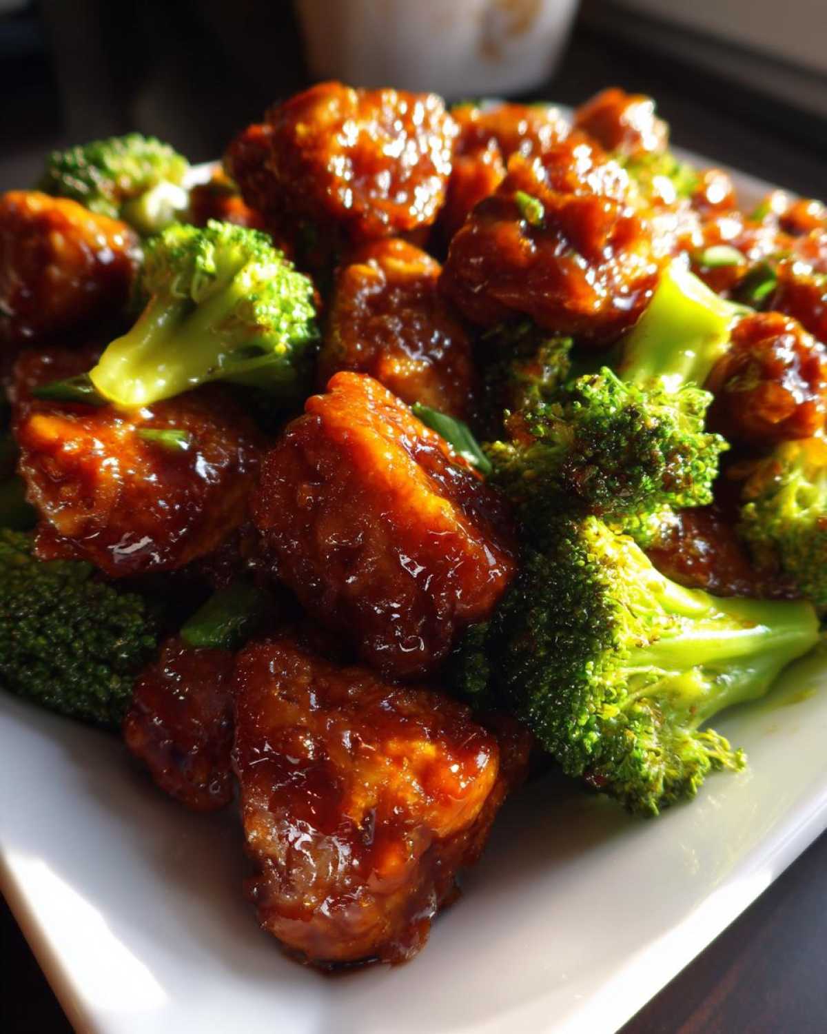 Close-up of glistening, saucy chicken pieces mixed with bright green broccoli florets in a Sticky Teriyaki Chicken Stir Fry Quick Meal.