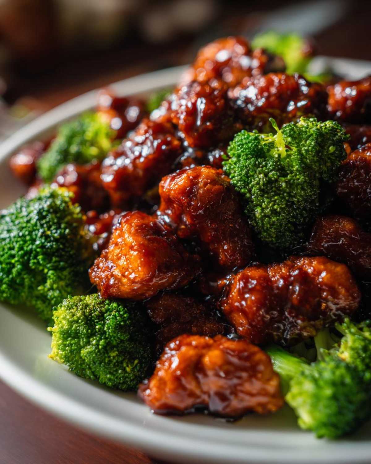 Close-up of pieces of chicken coated in dark, glossy teriyaki sauce mixed with bright green broccoli florets, part of a Sticky Teriyaki Chicken Stir Fry Quick Meal.