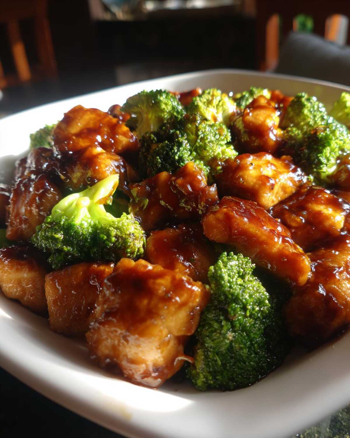 Close-up of tender chicken pieces coated in a glossy sauce served with bright green broccoli florets in a white bowl, perfect for a Sticky Teriyaki Chicken Stir Fry Quick Meal.