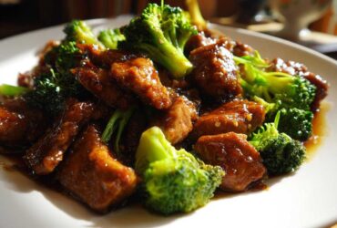 Close-up of pieces of chicken coated in glossy teriyaki sauce mixed with bright green broccoli florets in a Sticky Teriyaki Chicken Stir Fry Quick Meal.