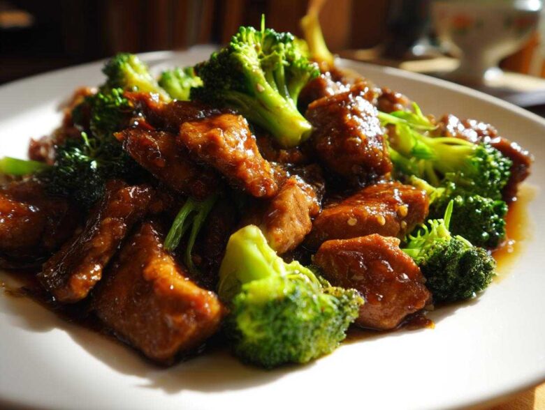 Close-up of pieces of chicken coated in glossy teriyaki sauce mixed with bright green broccoli florets in a Sticky Teriyaki Chicken Stir Fry Quick Meal.