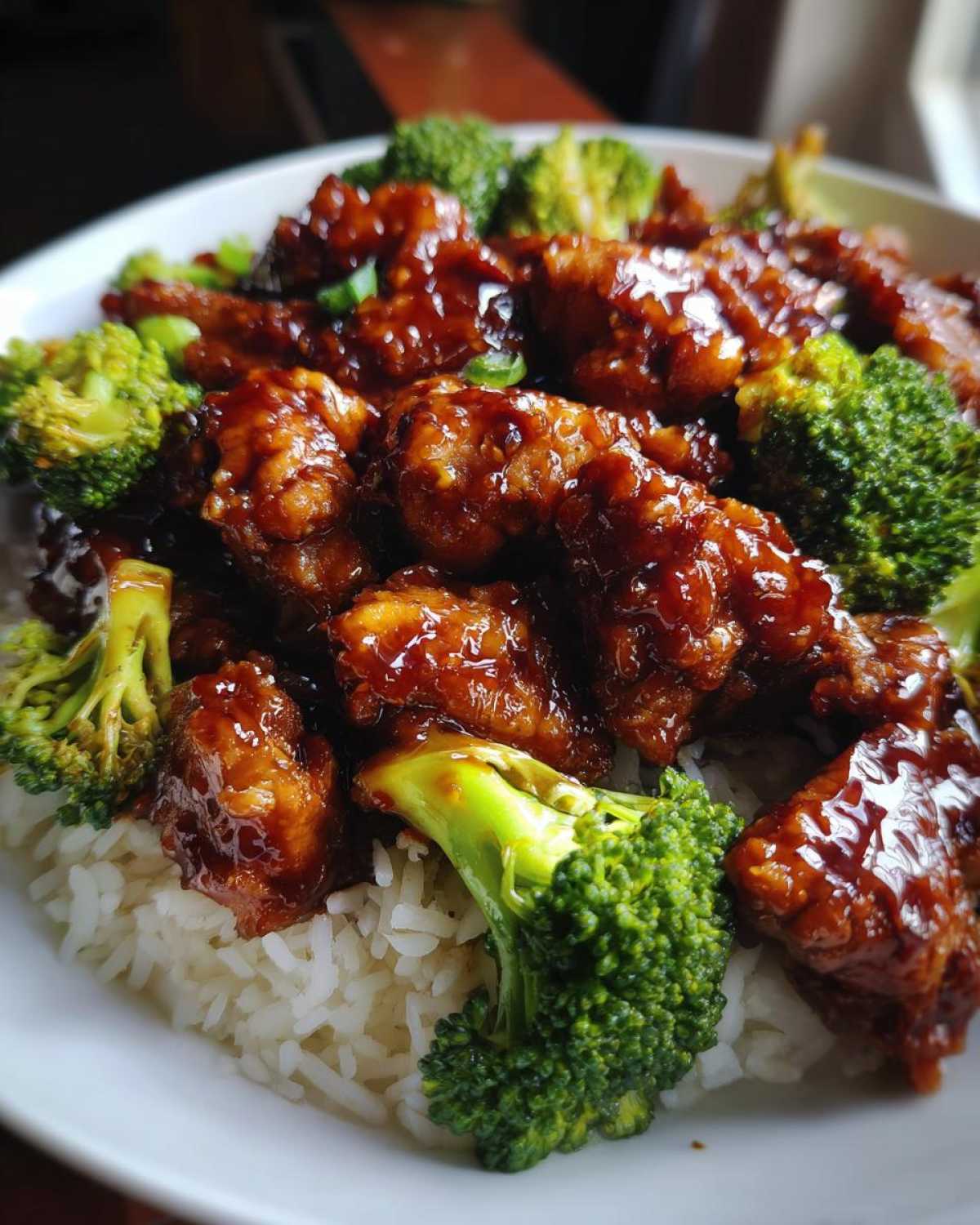 Close-up of Sticky Teriyaki Chicken Stir Fry Quick Meal pieces coated in dark sauce, served over white rice with bright green broccoli florets.