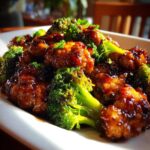 Close-up of Sticky Teriyaki Chicken Stir Fry Quick Meal pieces coated in dark, glossy sauce alongside bright green broccoli florets.