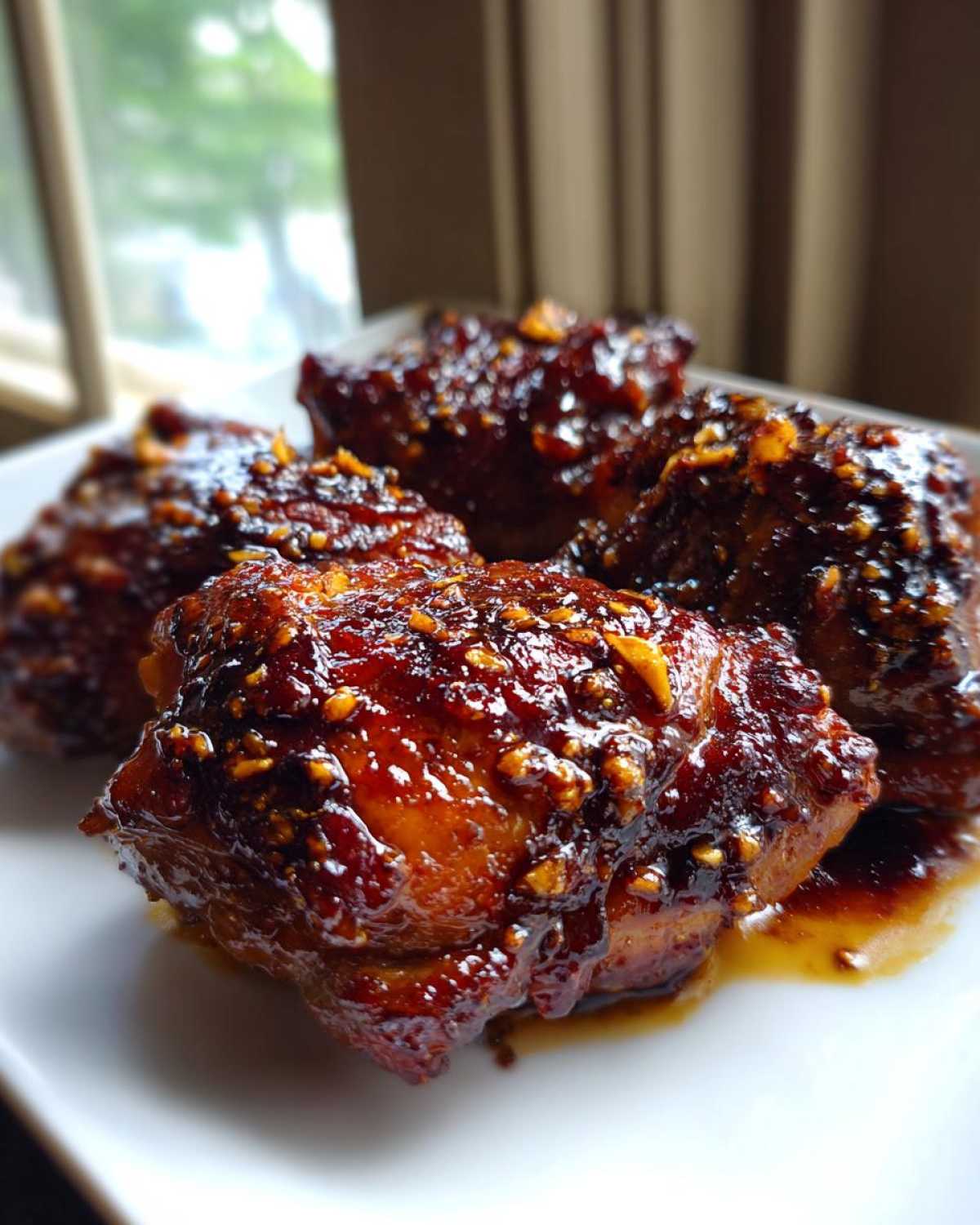 Close-up of four pieces of Sticky Teriyaki Chicken Thighs with Garlic coated in a thick, glossy, dark brown sauce.