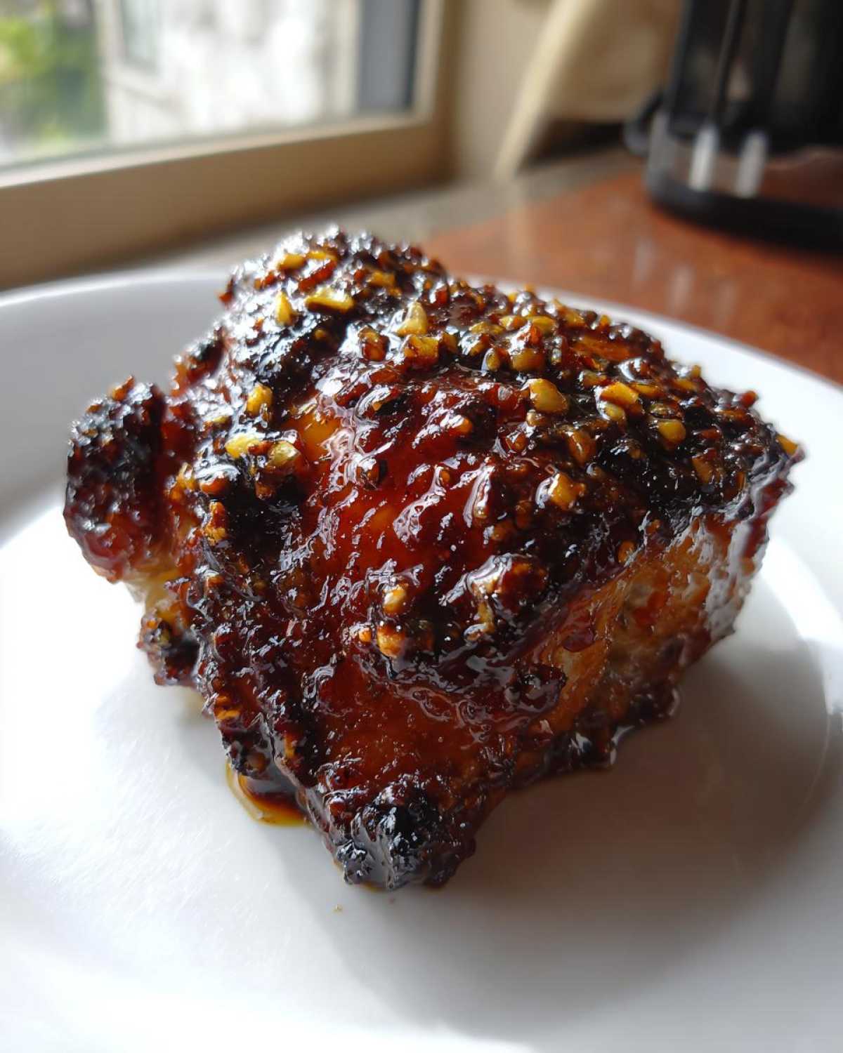 A close-up of a single, glazed Sticky Teriyaki Chicken Thighs with Garlic piece on a white plate.