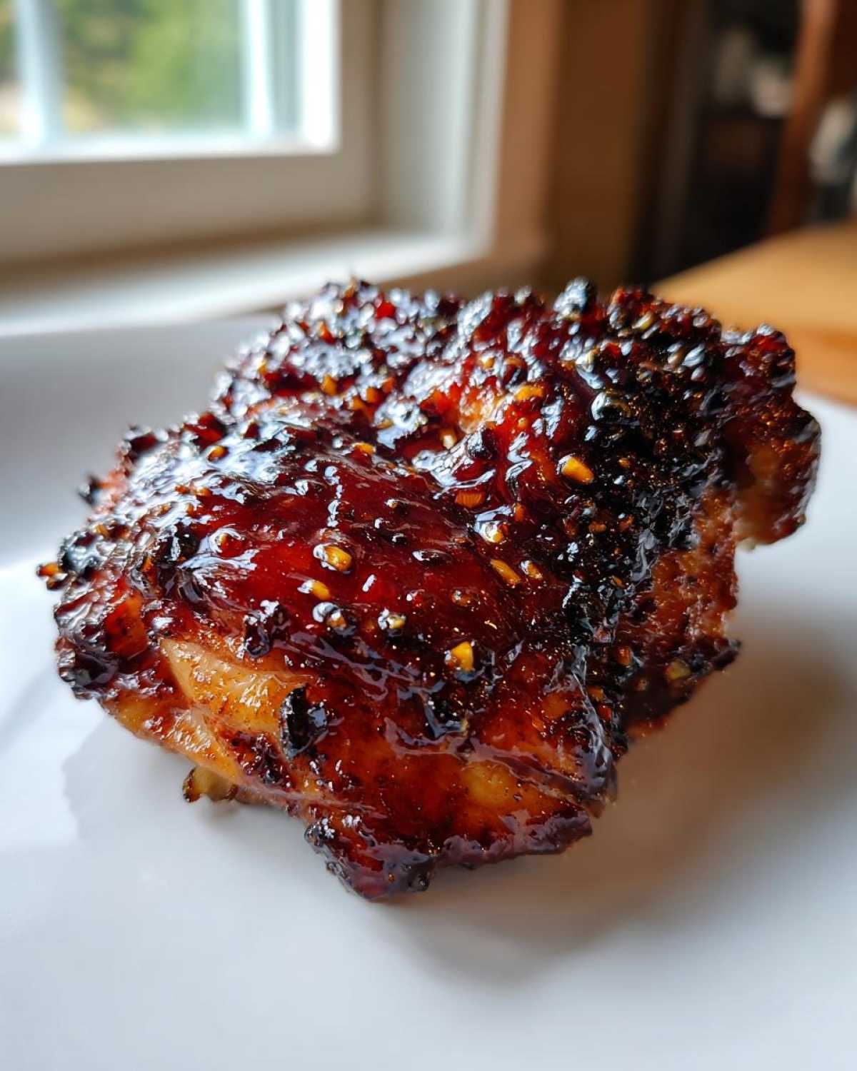 A close-up of a perfectly glazed Sticky Teriyaki Chicken Thighs with Garlic, showing a dark, glossy, caramelized coating.