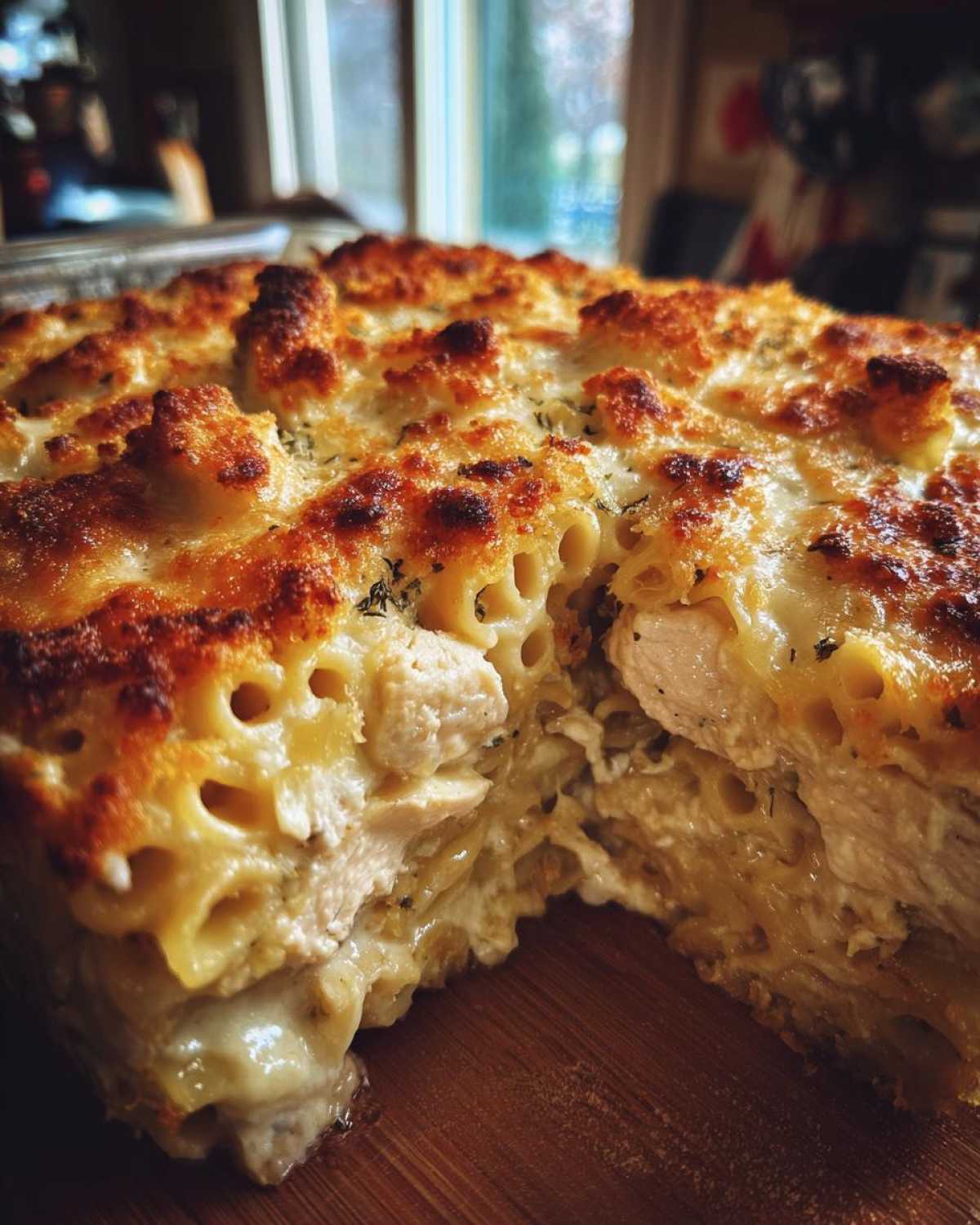 Close-up cross-section of Cheesy Baked Chicken Alfredo with Crispy Top showing creamy sauce, pasta, and chicken chunks.