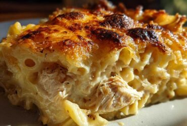 A close-up cross-section of Cheesy Baked Chicken Alfredo showing creamy pasta, shredded chicken, and a deeply browned, crispy cheese top.