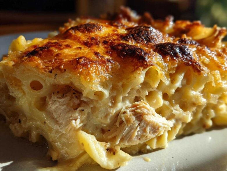 A close-up cross-section of Cheesy Baked Chicken Alfredo showing creamy pasta, shredded chicken, and a deeply browned, crispy cheese top.