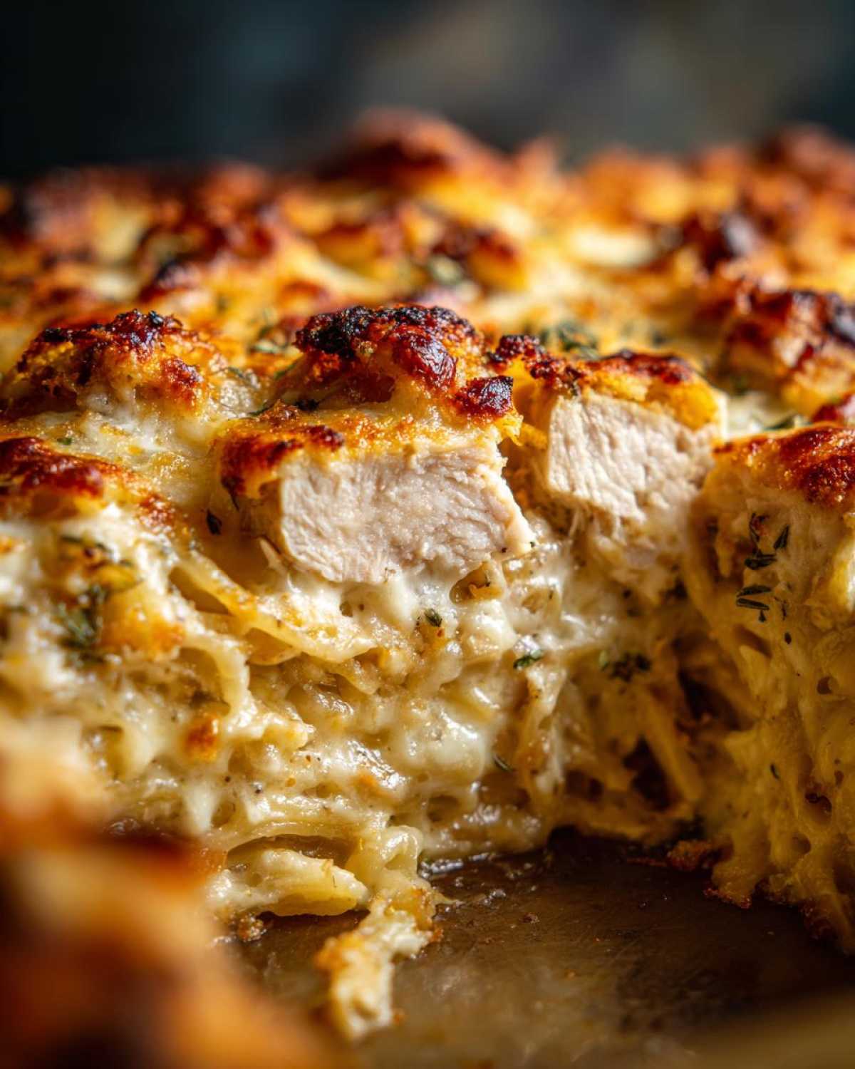 Close-up of Cheesy Baked Chicken Alfredo showing creamy pasta, chunks of chicken, and a golden crispy top.