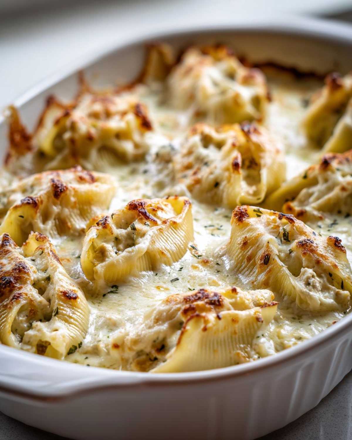 Close-up of baked Cheesy Chicken Stuffed Pasta shells covered in a rich, bubbly cream sauce.