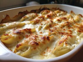 Close-up of baked Cheesy Chicken Stuffed Pasta with Cream Sauce, featuring golden-brown melted cheese.