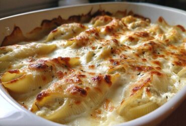 Close-up of baked Cheesy Chicken Stuffed Pasta with Cream Sauce, featuring golden-brown melted cheese.