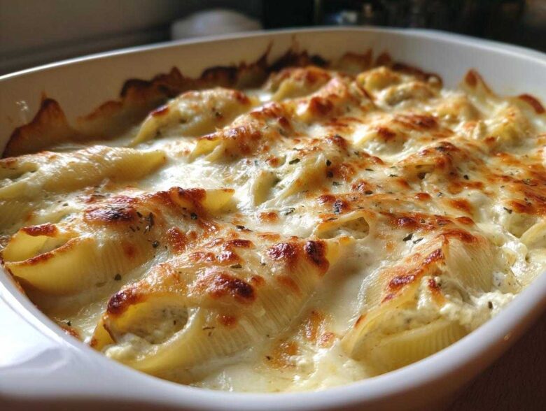 Close-up of baked Cheesy Chicken Stuffed Pasta with Cream Sauce, featuring golden-brown melted cheese.