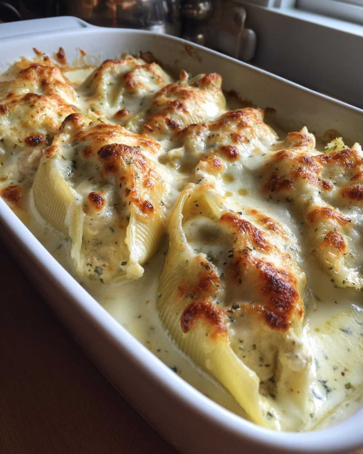 Close-up of baked Cheesy Chicken Stuffed Pasta shells covered in bubbling cream sauce and golden melted cheese.